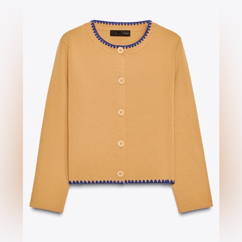 Zara Contrast Embroidery Knit Cardigan Camel Blue Trim Size Large NWT - Picture 6 of 15
